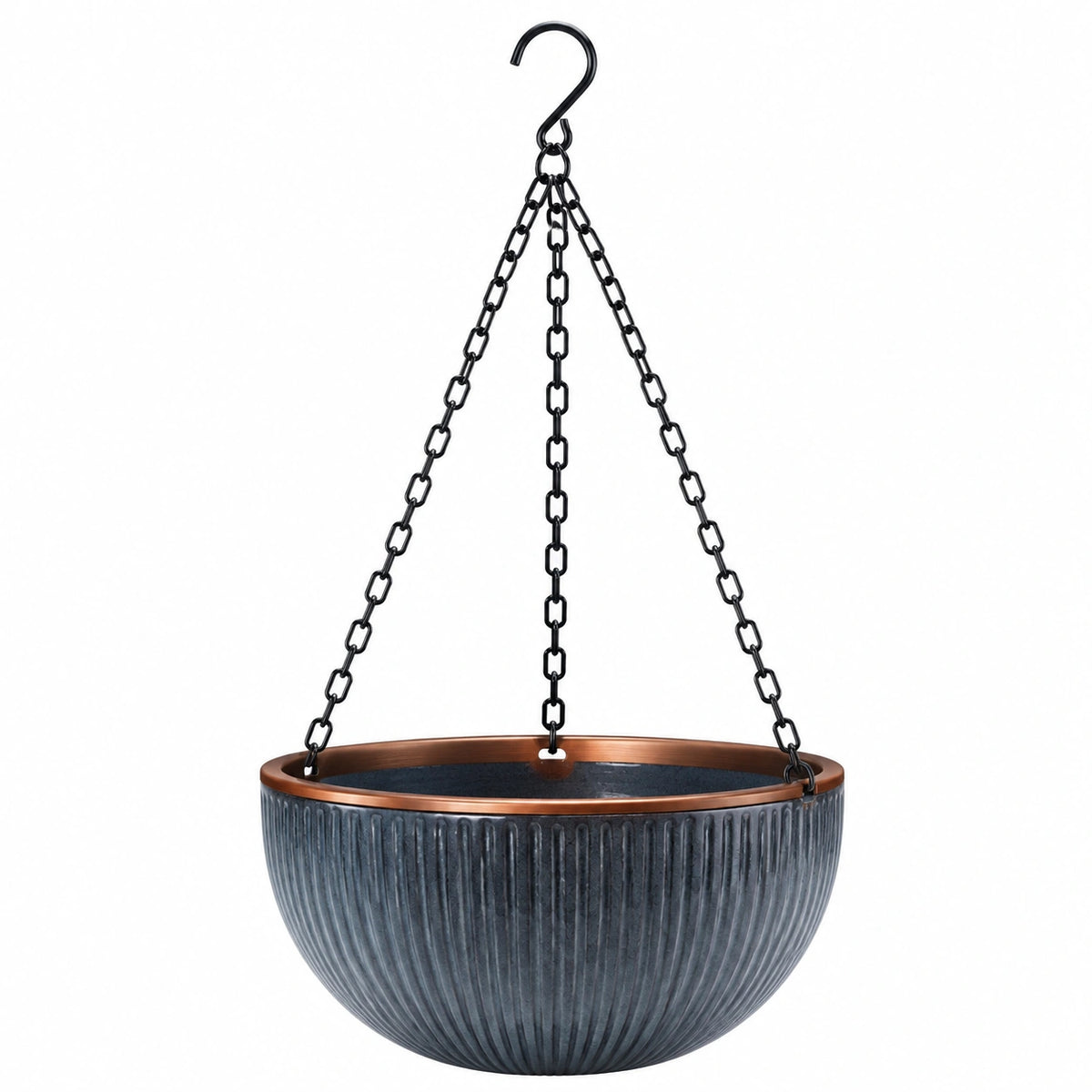 Jardinière suspendue diamètre 30 cm en métal noir cuivre style nervuré