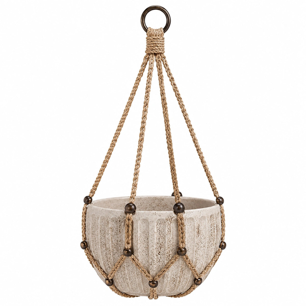 Pot de fleurs suspendu diamètre 22 cm en céramique beige avec suspension en corde style bohème