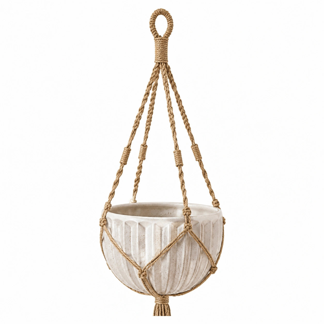 Pot de fleurs suspendu 15 cm en céramique beige avec suspension en corde tressée pour intérieur