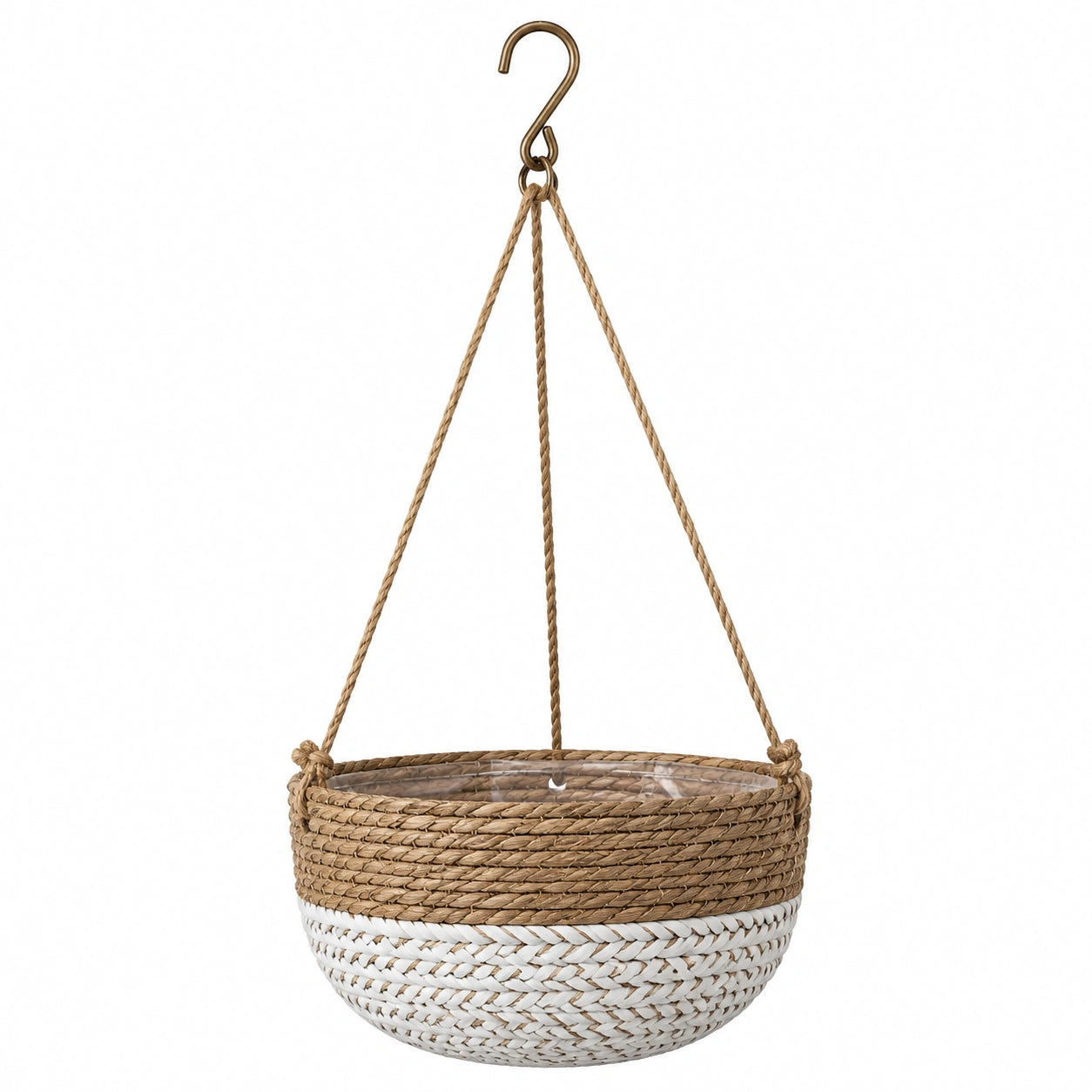Pot de fleurs suspendu Ø30 x H17 cm en fibres tressées marron et blanc pour intérieur et extérieur abrité