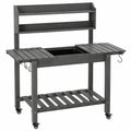 Table de jardinage 117 cm en bois gris avec bac central et roulettes