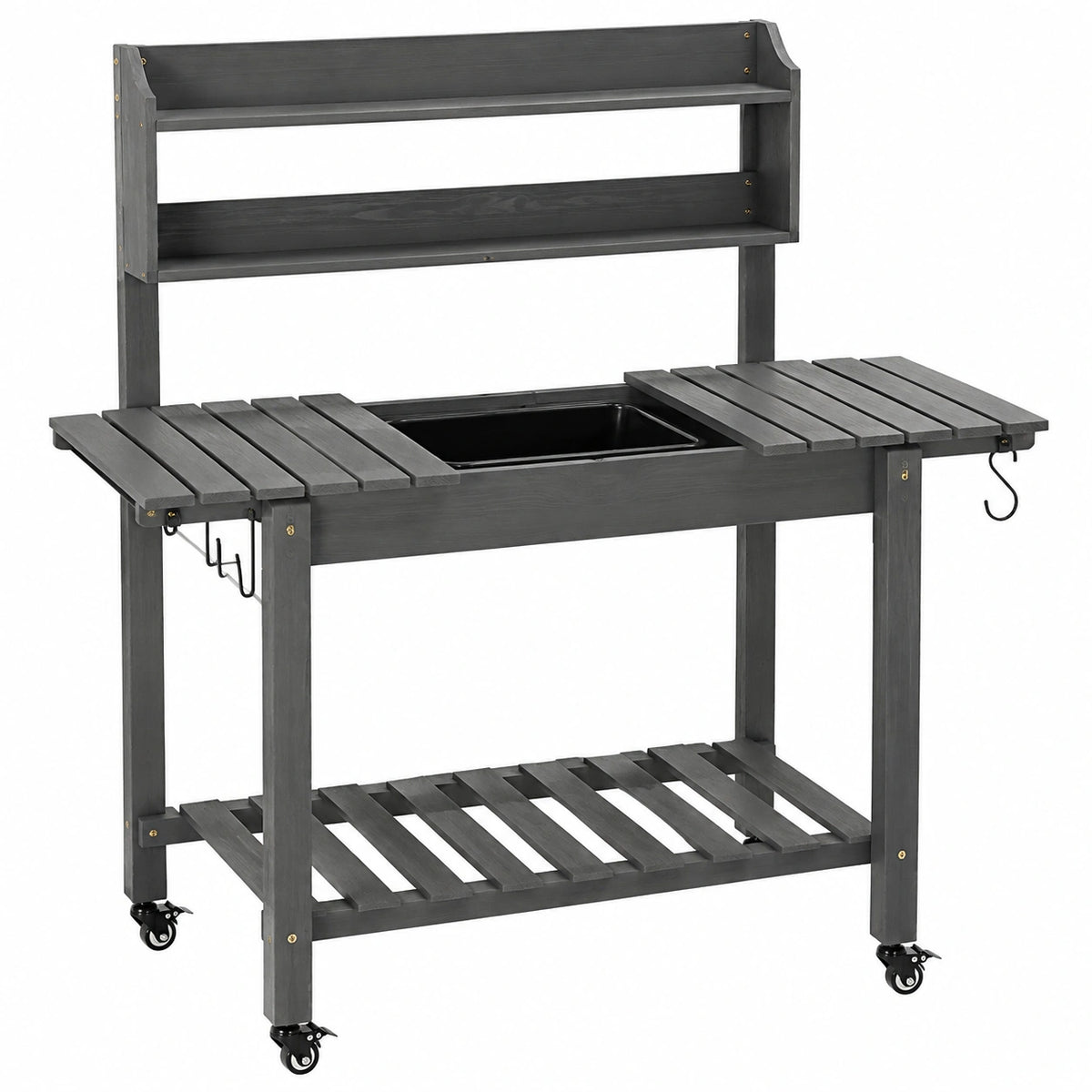 Table de jardinage 117 cm en bois gris avec bac central et roulettes