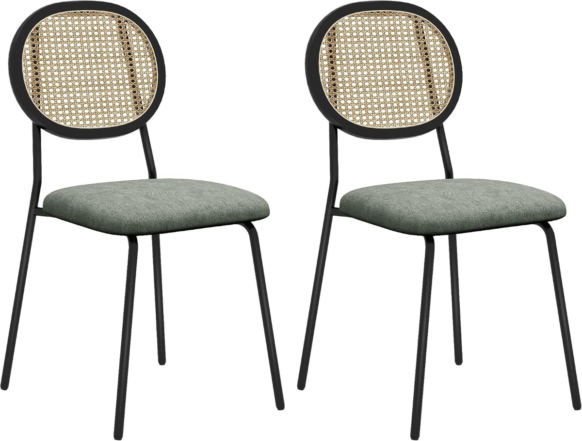 HOMCOM Lot de 2 chaises de salle à manger avec dossier en rotin synthétique et cadre en acier pour salon Vert foncé et noir 44 x 54 x 87 cm