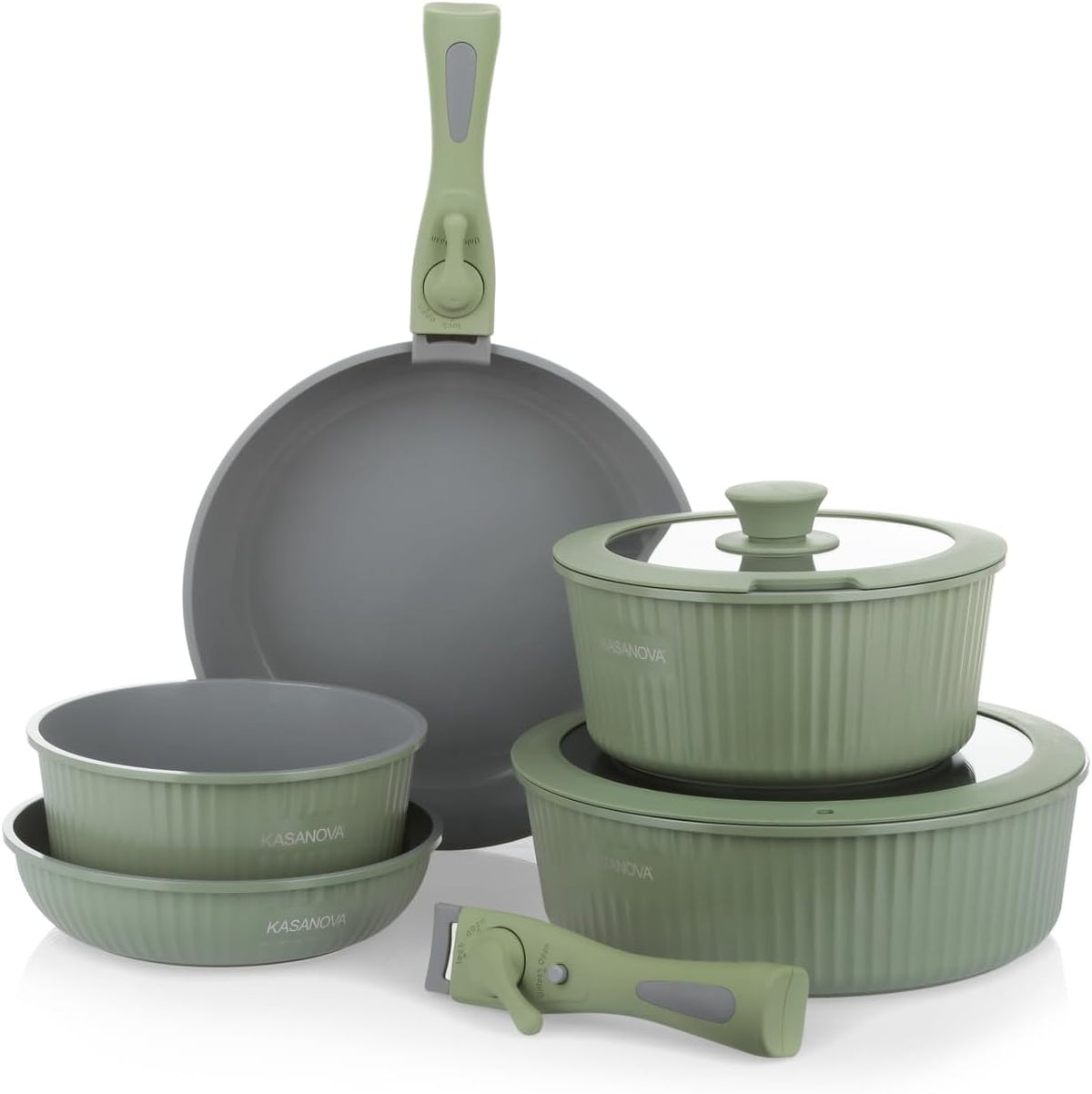 KASANOVA Batterie de cuisine 9 pièces Eaziclip, Set de casseroles induction avec revêtement céramique et poignées amovibles pour utilisation au four