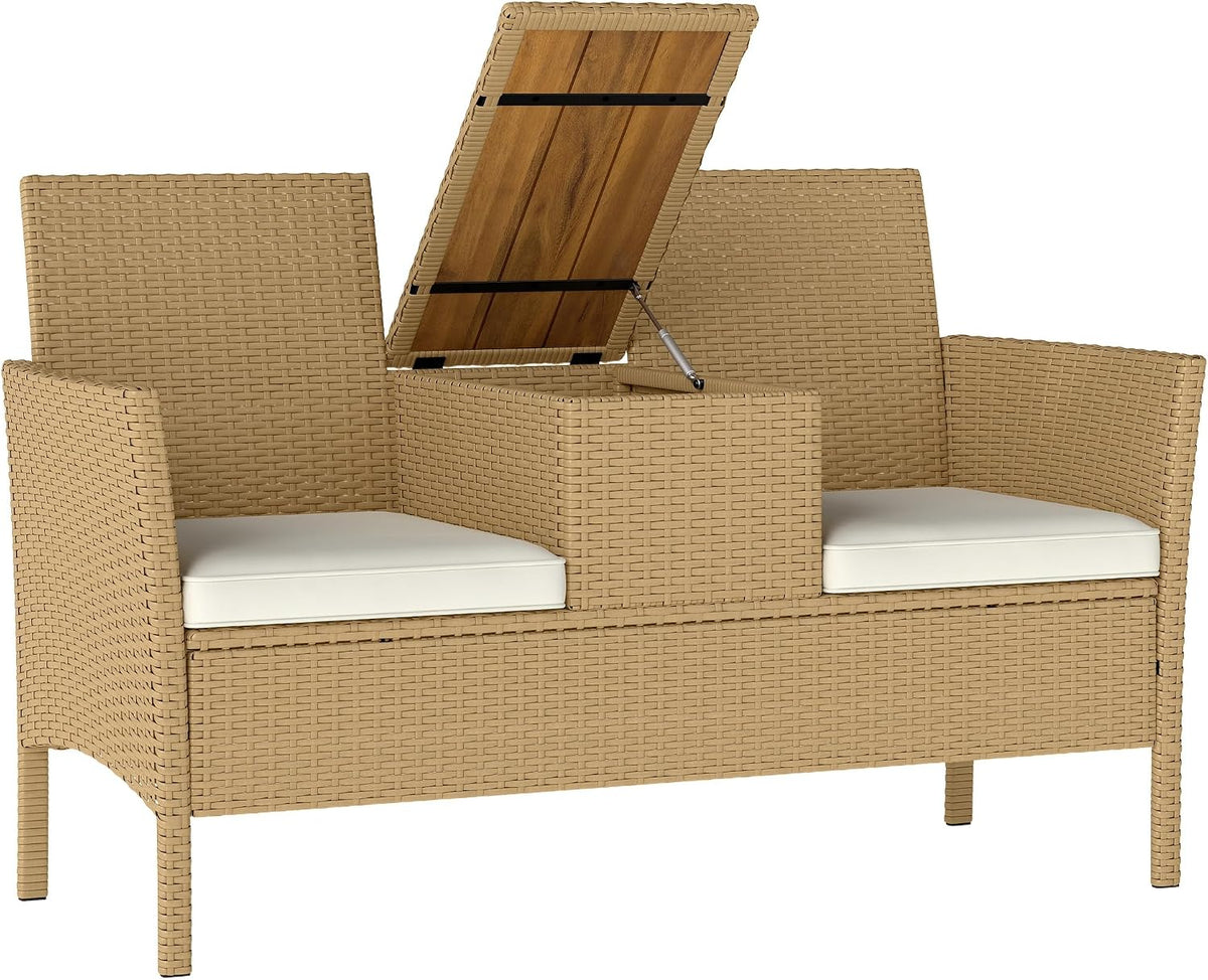 Outsunny 2 Seater Rattan and Steel Outdoor Bench, Garden Sofa with Cushions and Folding Side Table with Hidden Storage Space, Outdoor Sofa
