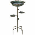 Bain d'oiseaux sur pied 43 x 130 cm en métal vert bronze avec coupelles décor feuille