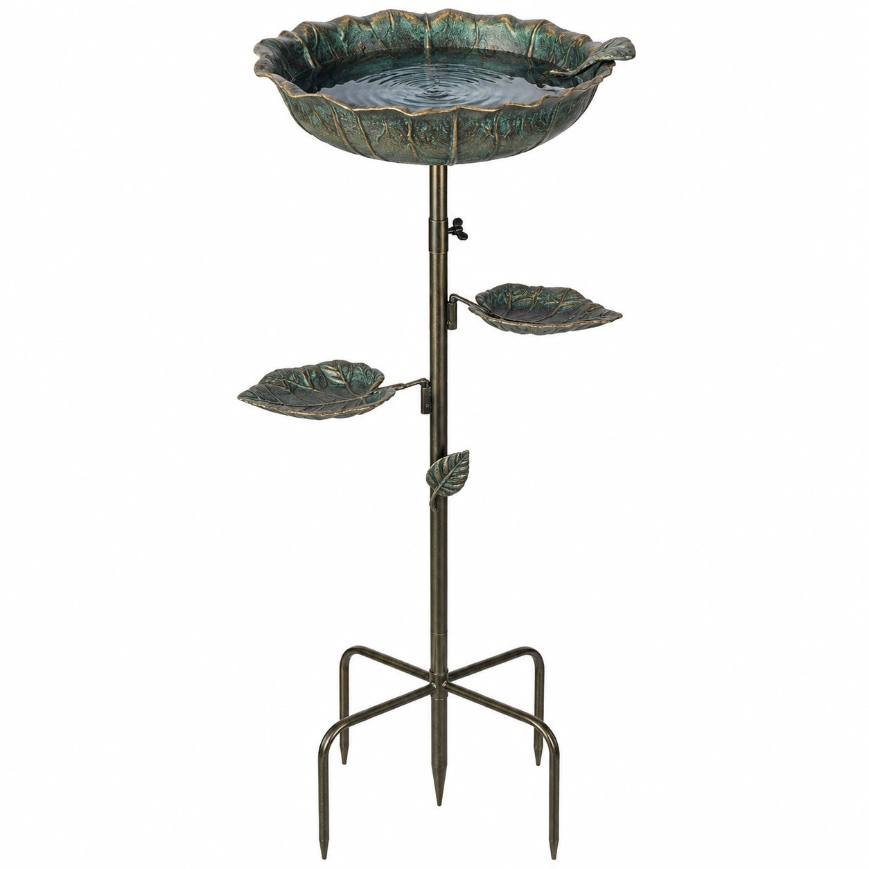 Bain d'oiseaux sur pied 43 x 130 cm en métal vert bronze avec coupelles décor feuille