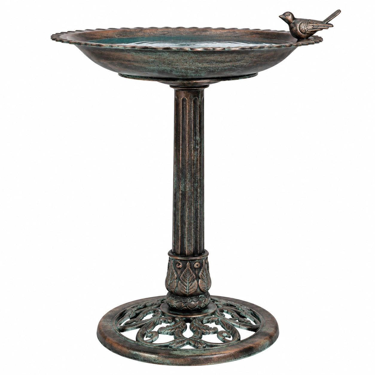 Bain d'oiseaux sur pied 50 cm en métal brun vert style classique pour jardin