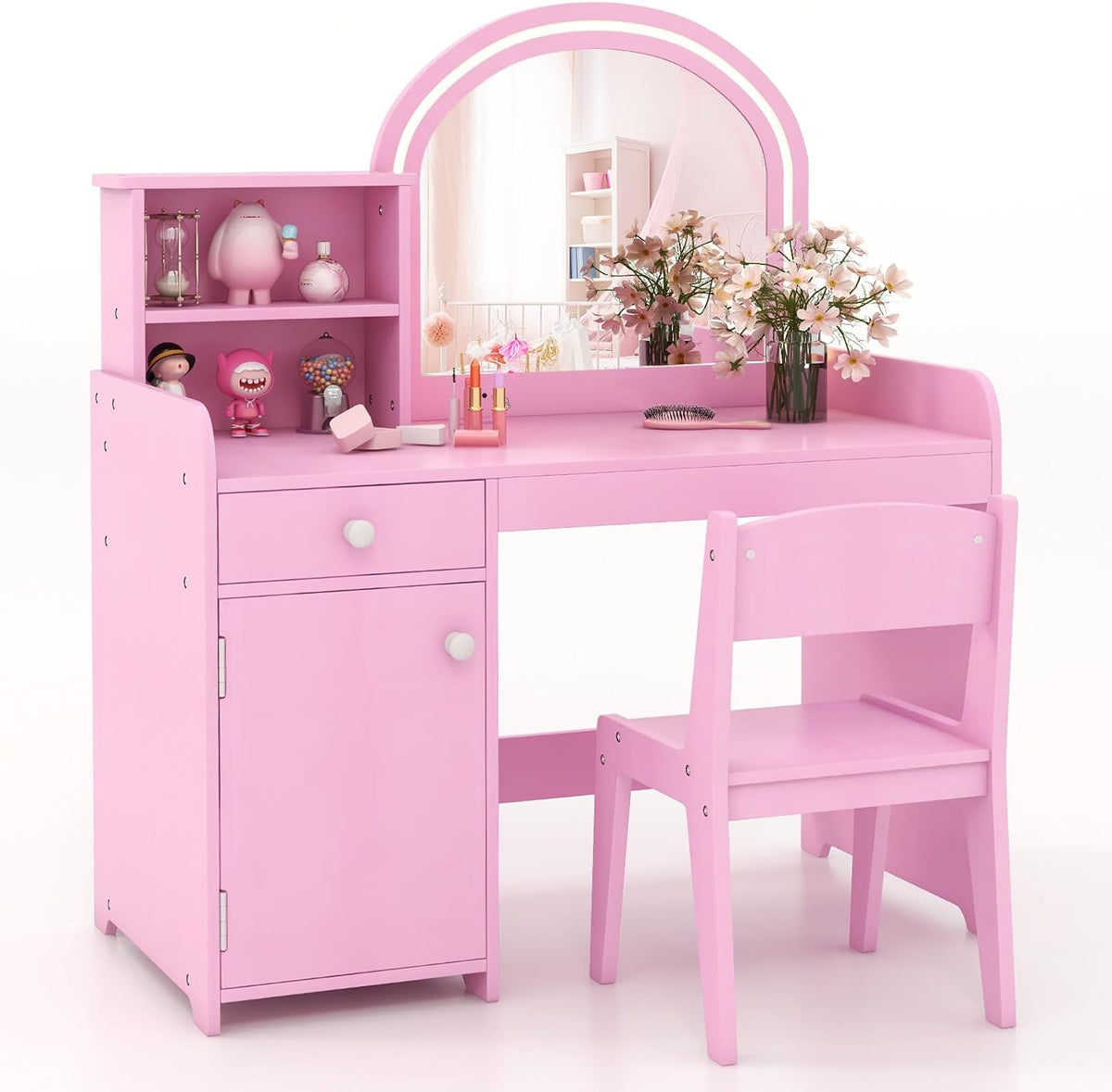 COSTWAY 2 en 1 Bureau Enfant Fille avec Chaise & 120 Lumières LED, Coiffeuse Enfants Fille avec Miroir Acrylique, 2 Etagères & Tiroir