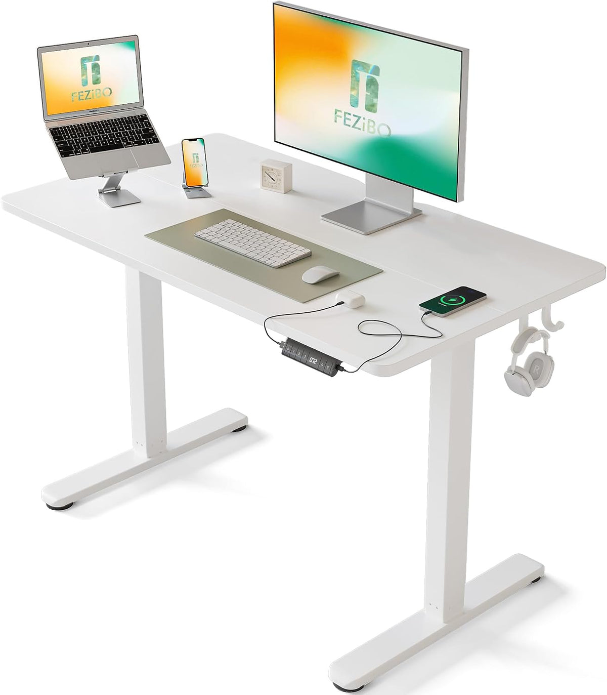 FEZIBO Bureau Assis Debout Électrique, 100 x 60 cmBureau Table Debout Réglable en Hauteur Acier T Pieds avec Système Anti-Collision