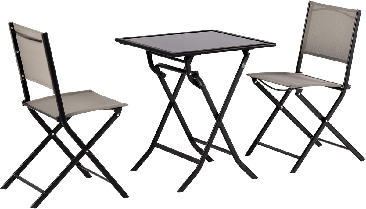 METRO Professional Set de terrasse Santorini, 3 pièces, textilène/Acier/Verre, 1 Table, 2 chaises, Pliantes, Kaki
