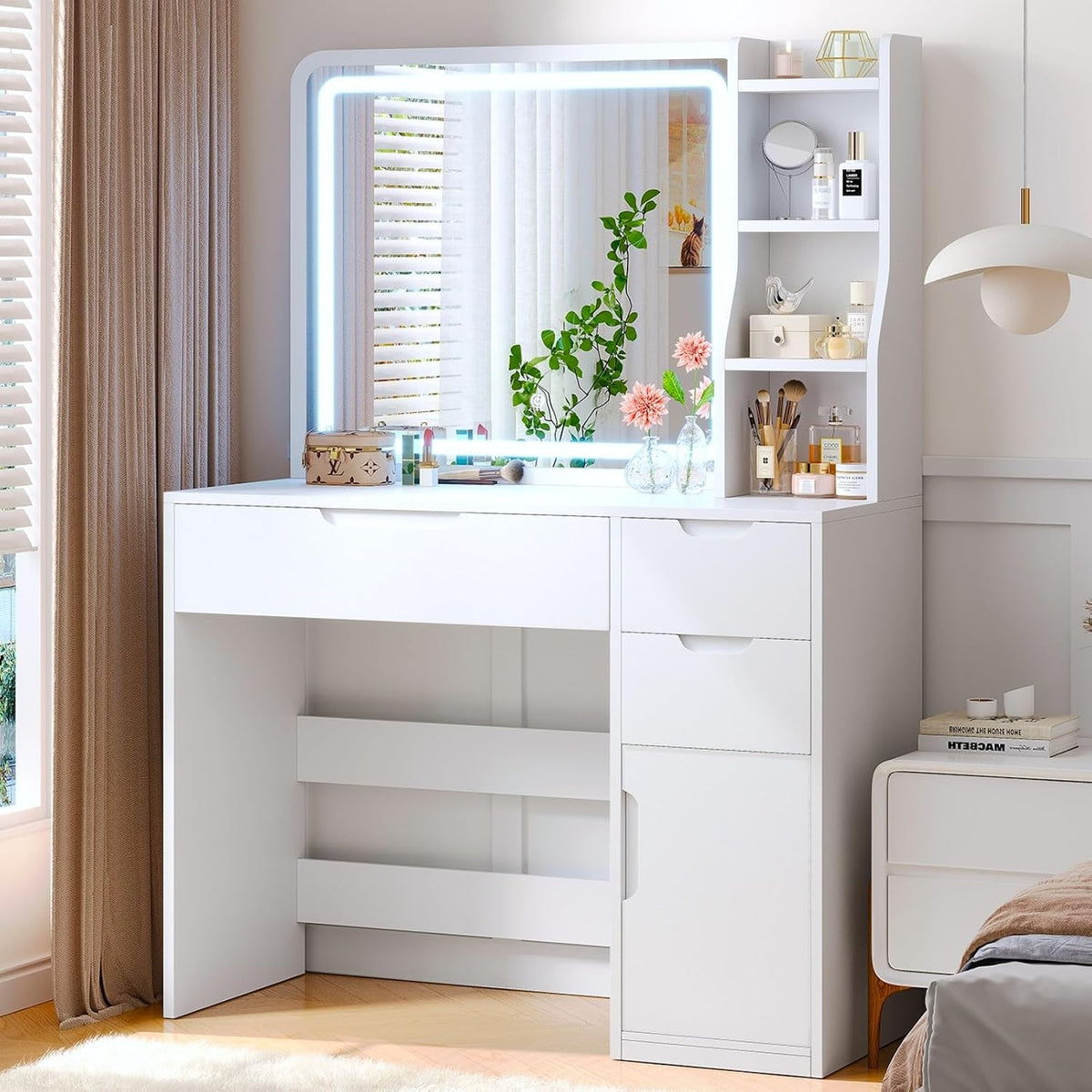 Coiffeuse avec Miroir LED Table de Maquillage avec 3 Tiroirs, 2 étagères Ouvertes, Coiffeuse avec Rangement 1 Armoire avec Porte