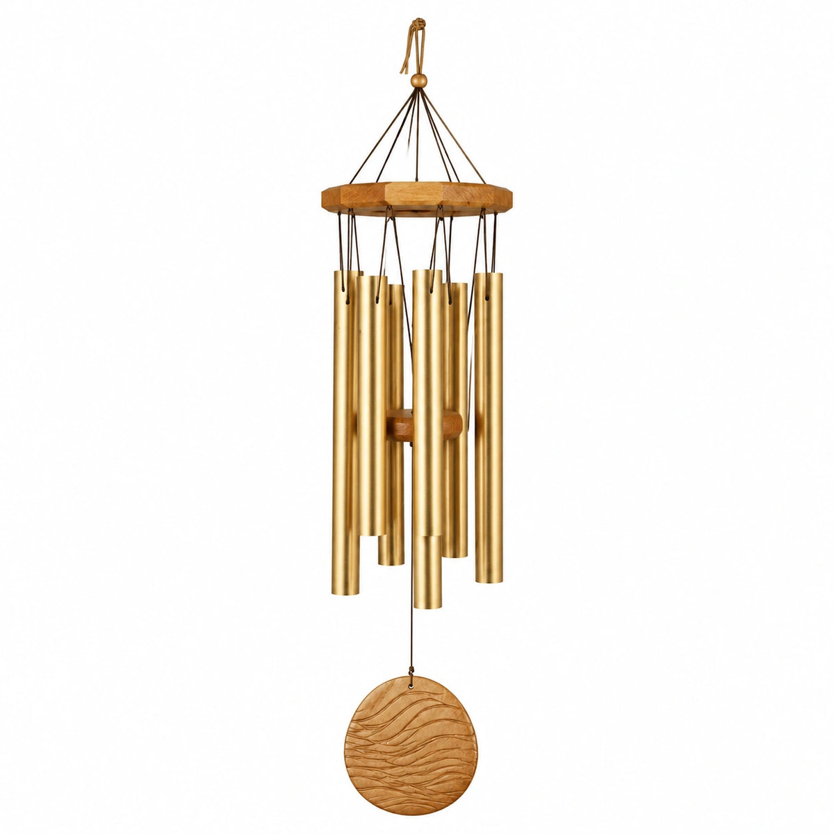 Carillon éolien 90 cm en métal et bois doré suspendu pour jardin