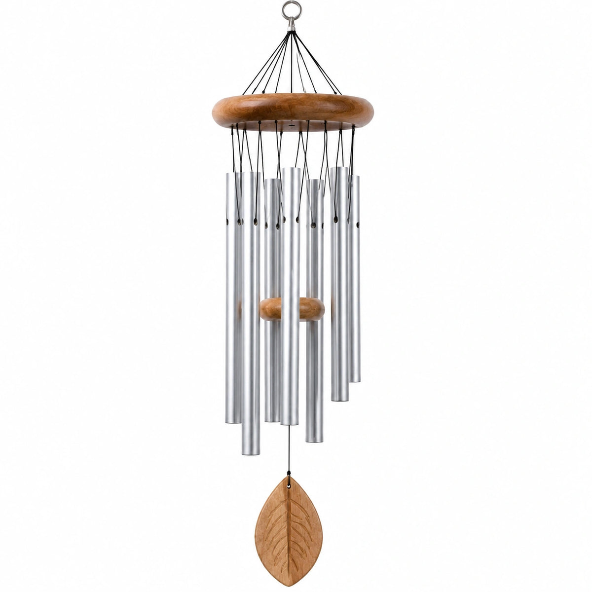 Carillon éolien 80 cm en aluminium et bois marron argenté à suspendre