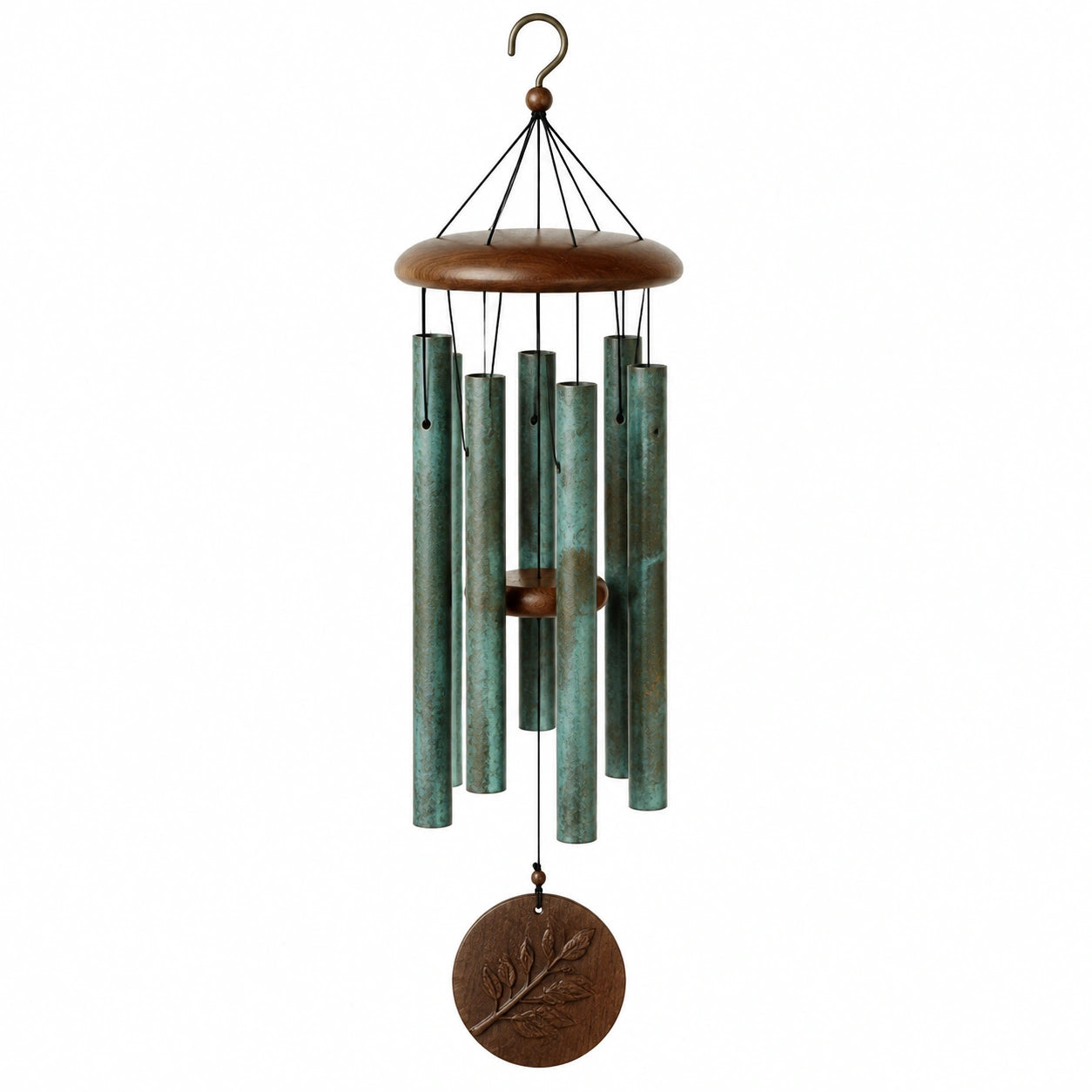 Carillon éolien 85 cm en métal vert patiné et bois marron à suspendre