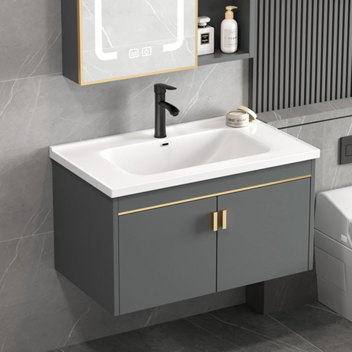Vanités de salle de bain, meuble de lavabo mural, évier, armoire miroir et évier avec lavabo et robinet en céramique (gris, 43 x 35 cm)