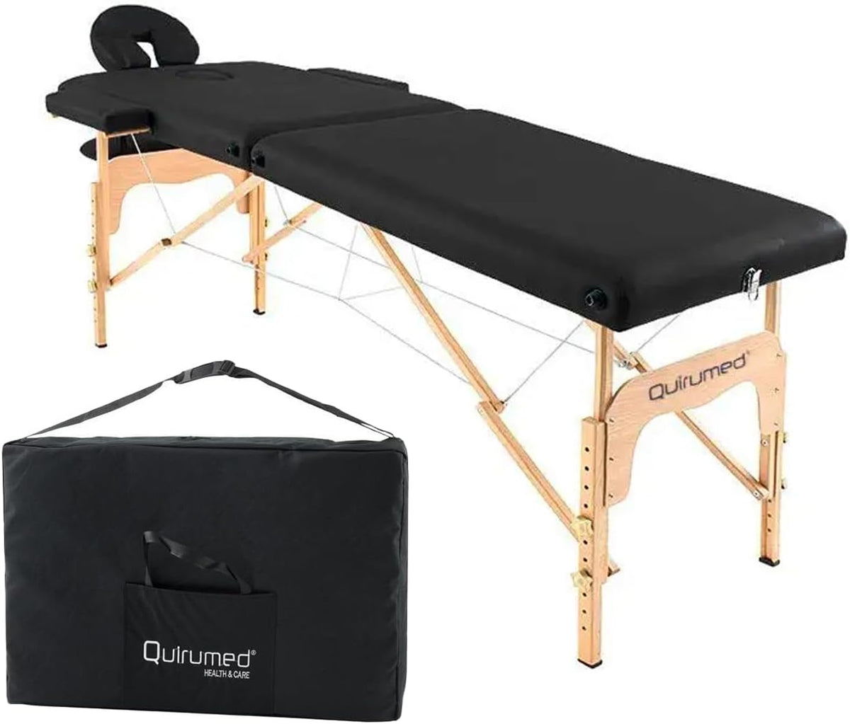 QUIRUMED Table de Massage Pliable en Bois Easy, Couleur Noire, 186 x 66 cm, Table de Massage, Massage physiothérapie, Similicuir tête articulée