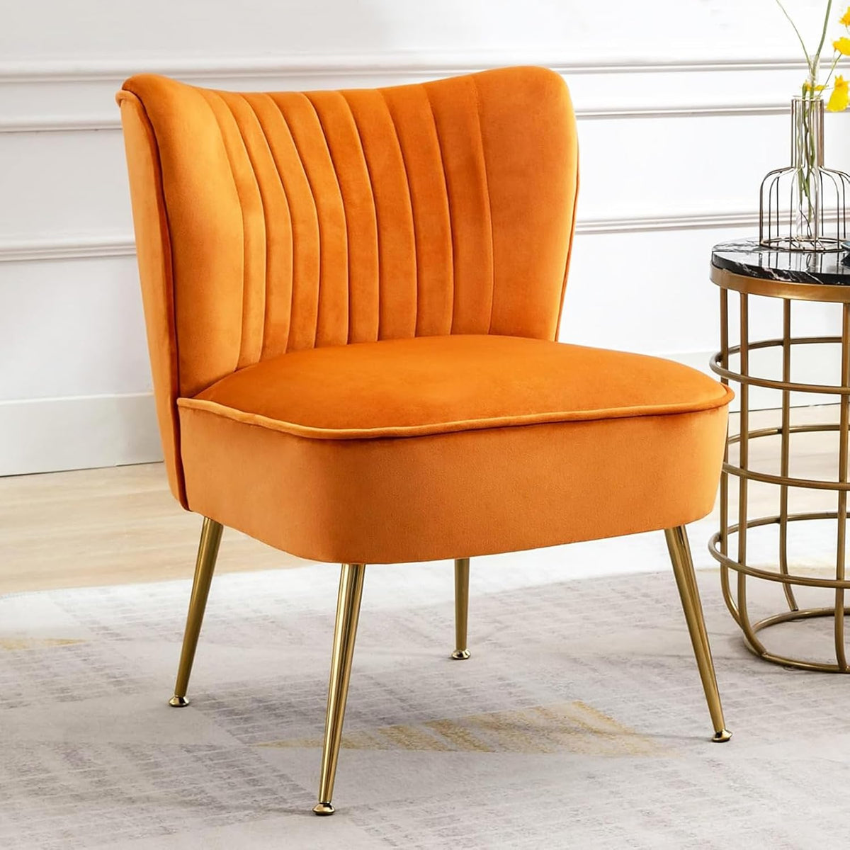 Fauteuil de Salon Confortable en Velours Fauteuils avec Pieds Dorés et Siège Épais Fauteuil de Coiffeuse Scandinave, Orange