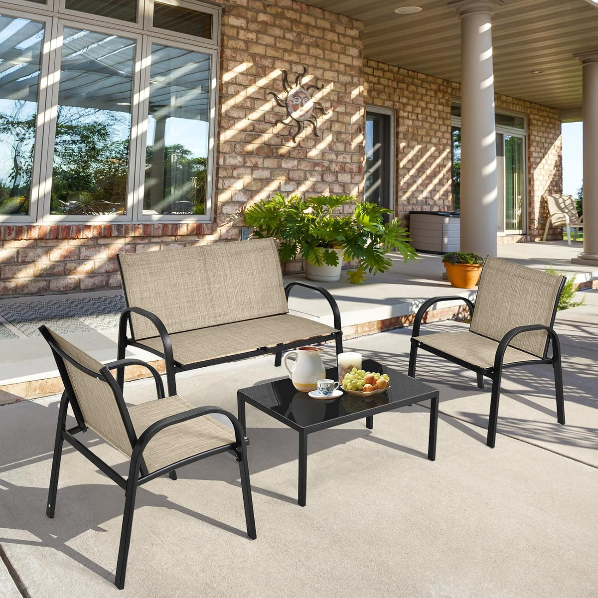 GIANTEX Salon de Jardin Exterieur 4 Pièces, Table Basse en Verre Trempé, 2 Place Canapé, 2 Chaises