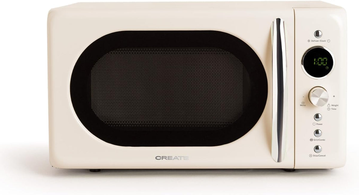 CREATE/MICROWAVE RETRO/Micro-ondes grill numérique blanc cassé/Style rétro, capacité 20L, plateau Ø245 mm, 3 programmes, 9 menus préinstallés