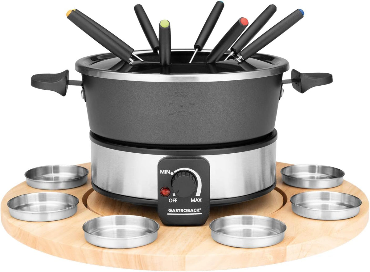 GASTROBACK 42566 Set à fondue, plateau tournant pratique avec 8 récipients à sauce en acier inoxydable, réglable en continu de 40 °C à 190 °C, 1000 W