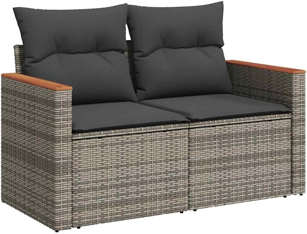 vidaXL Canapé de Jardin 2 Places avec Coussins, Siège avec Accoudoirs, Transat avec Dossier, Meuble de Terrasse Patio, Gris Résine Tressée