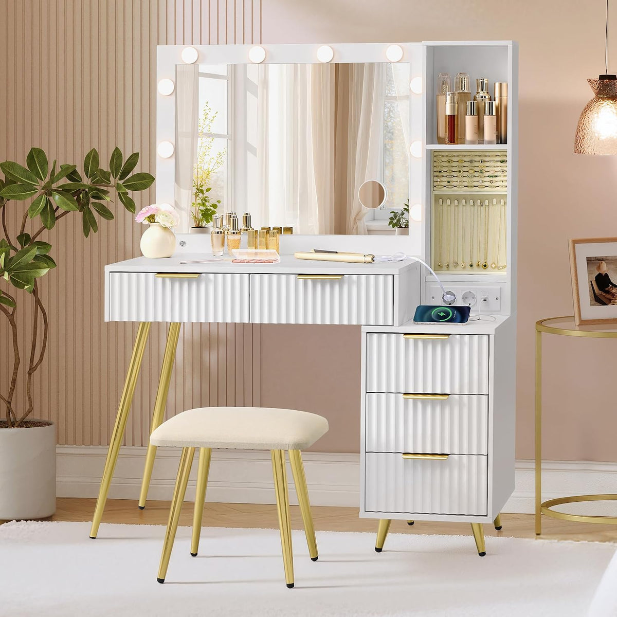 VASAGLE Coiffeuse avec Miroir et Tabouret, Table de Maquillage avec Tiroirs, Loupe 10x, Éclairage LED, Plateau à Bijoux, Multiprise
