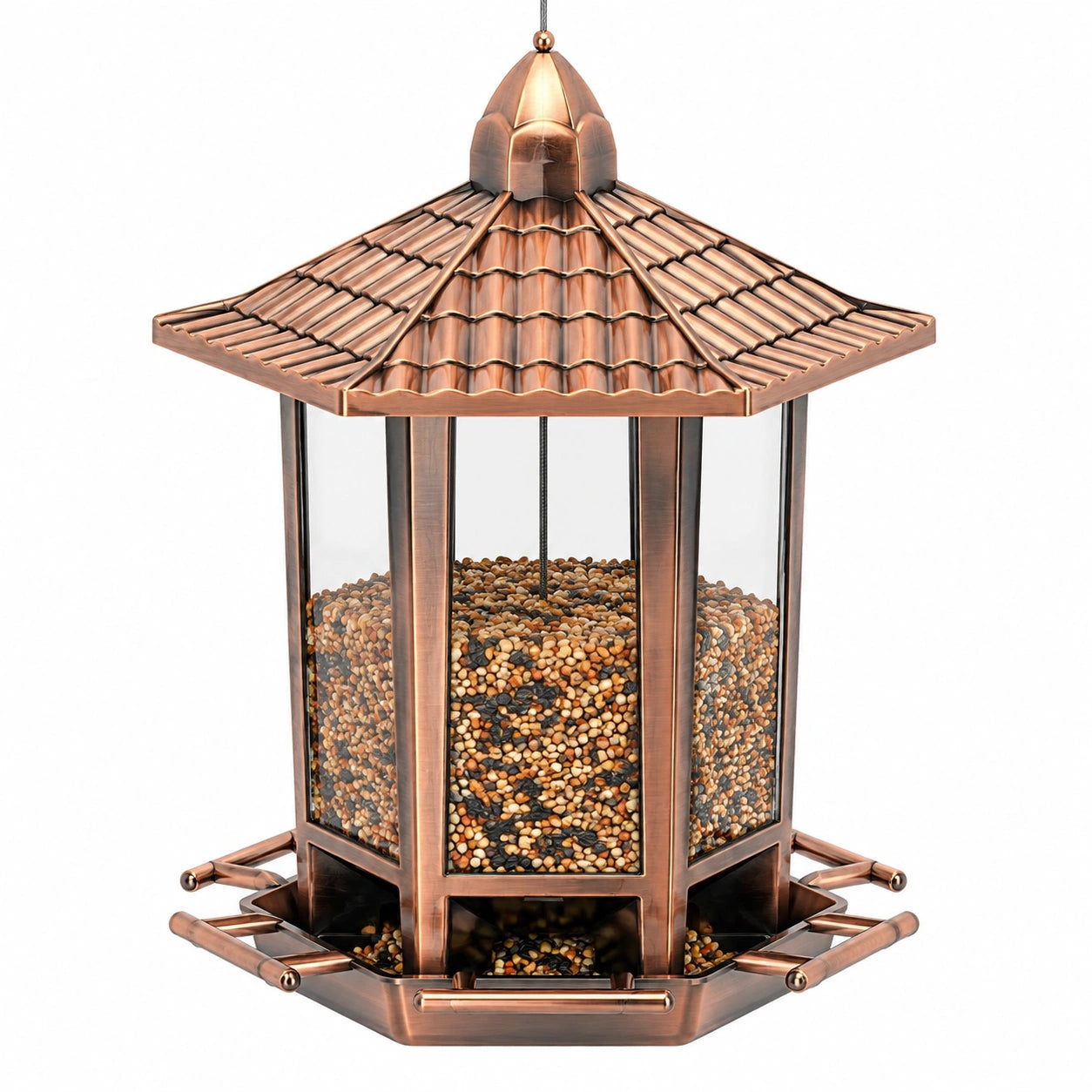Mangeoire à oiseaux 28 x 28 x 38 cm en métal cuivré suspendue avec réservoir transparent