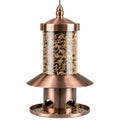 Mangeoire à oiseaux suspendue diamètre 30 cm hauteur 45 cm métal cuivre et réservoir transparent pour extérieur
