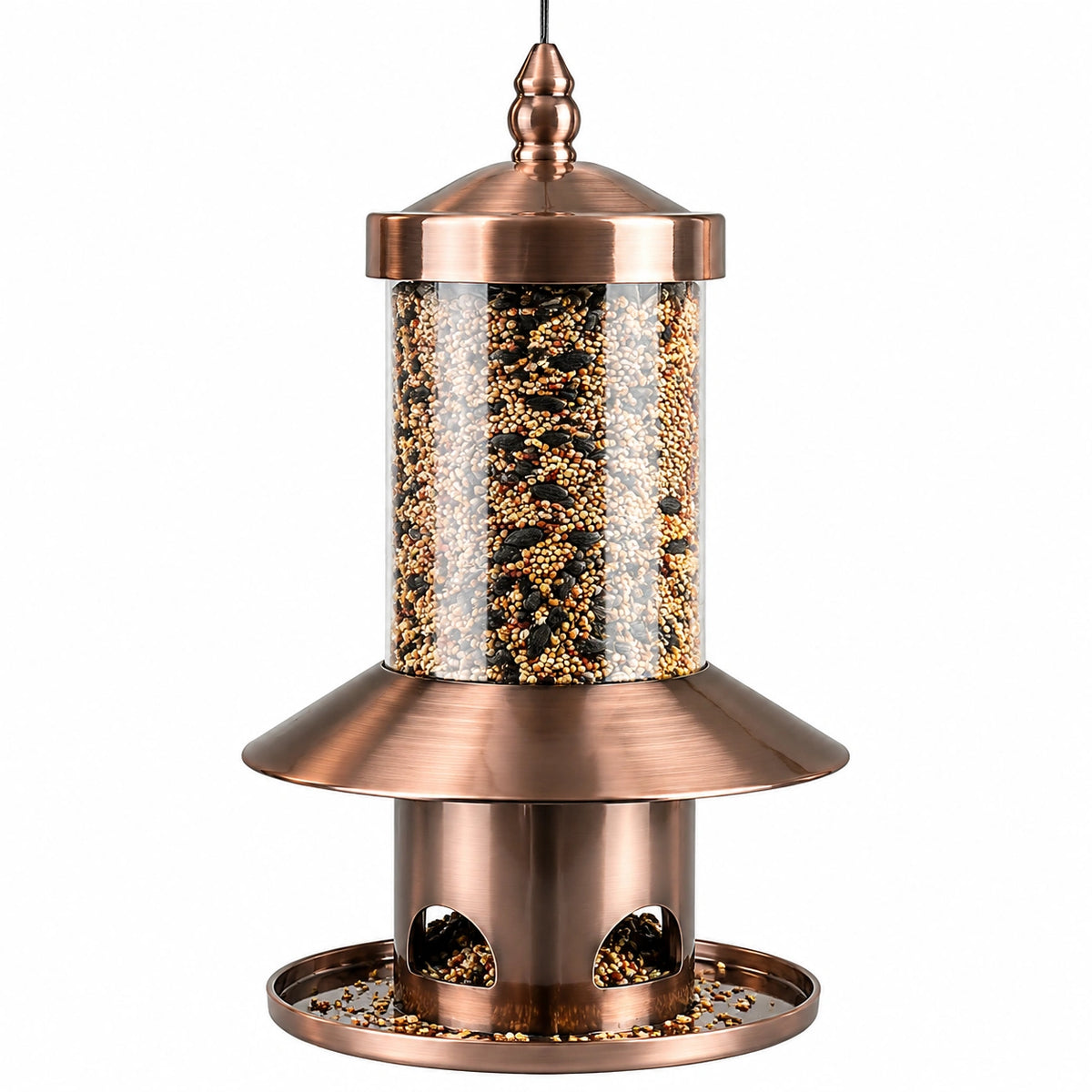 Mangeoire à oiseaux suspendue diamètre 30 cm hauteur 45 cm métal cuivre et réservoir transparent pour extérieur