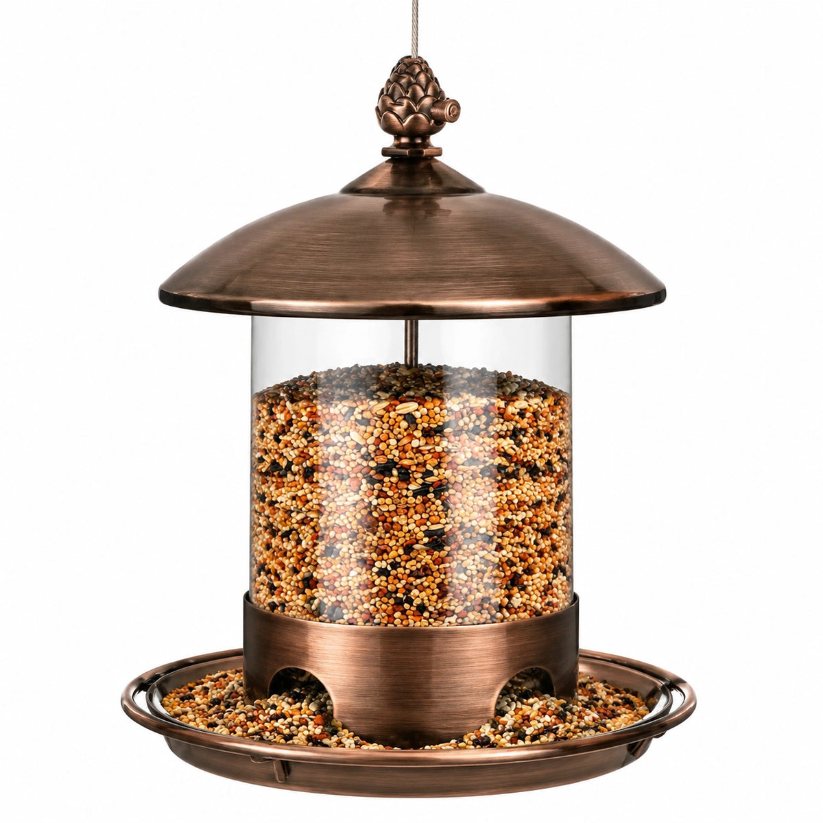 Mangeoire à oiseaux suspendue Ø25 x H35 cm métal bronze distributeur de graines décoratif
