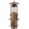 Mangeoire à oiseaux suspendue Ø19 cm x H38 cm en métal bronze avec réservoir transparent et perchoirs