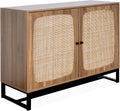 sweeek - Buffet rétro décor Bois foncé et cannage. Buffet Haut. vaisselier. 2 Portes avec Pieds en métal Noir L100cm