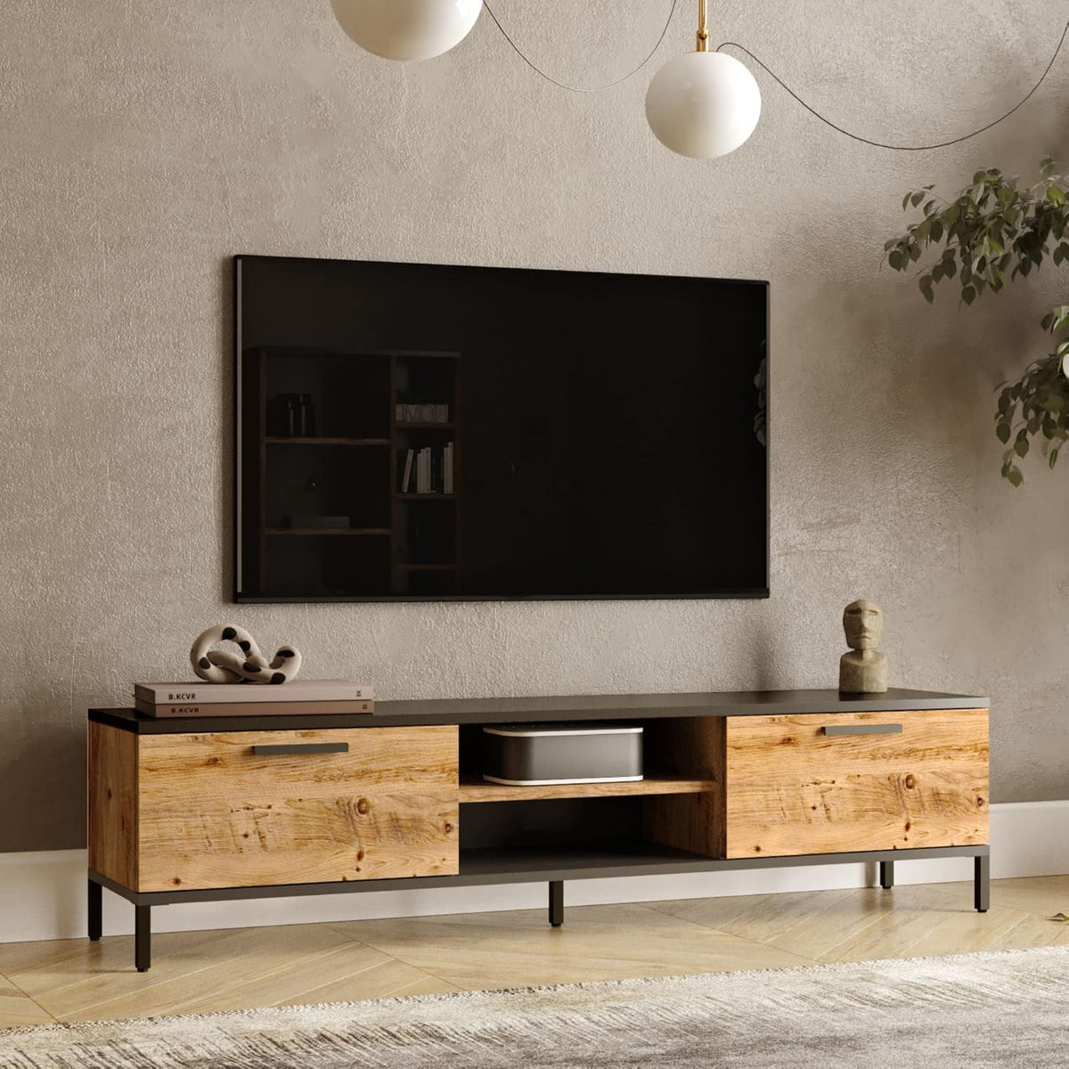 en.casa Meuble TV à 2 Portes Meuble de Rangement Design pour Salon avec 2 Espaces de Stockage 2 Passages de Câble Panneau de Particules Métal 39 x 160