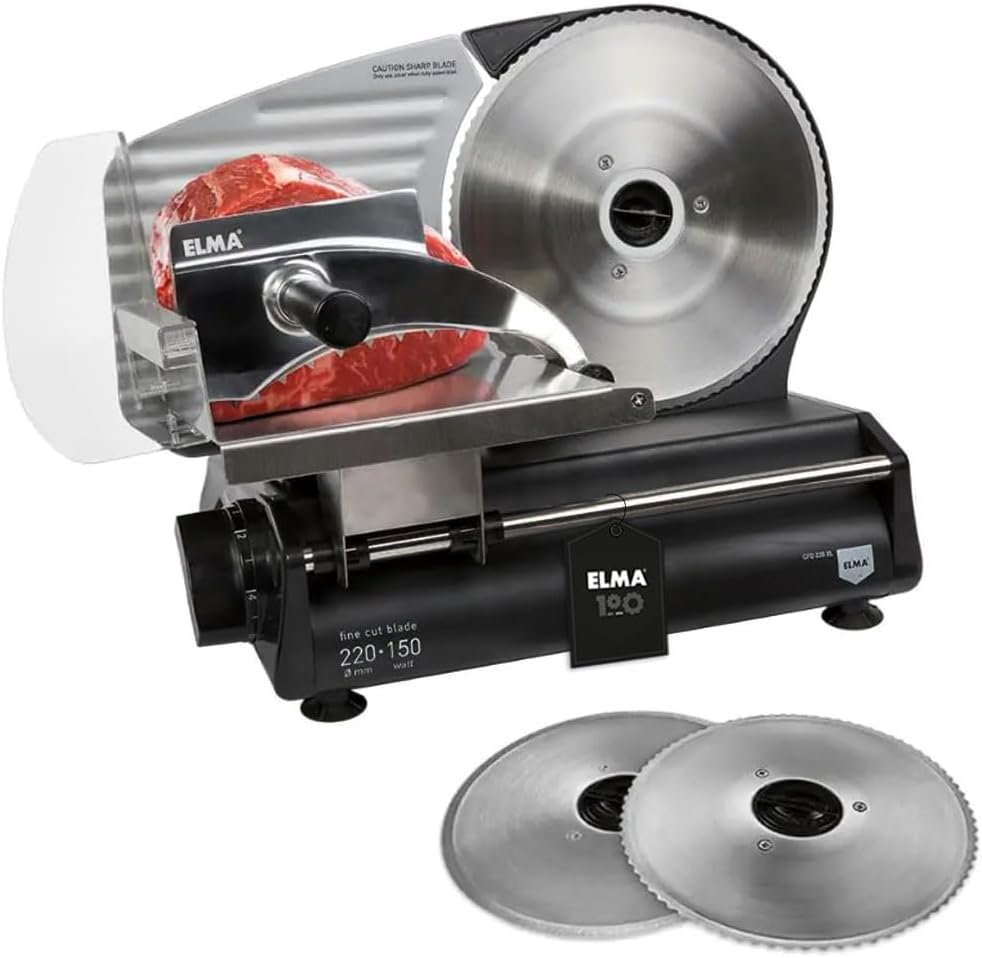 Elma Trancheuse électrique Premium CFD220 XL avec 2 lames, Ø 220 mm, 150W, 31 x 25 x 41 cm, Lames amovibles en acier inoxydable I Coupe précise