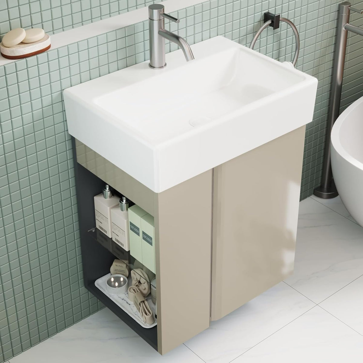 Meuble De Salle De Bain 50 cm avec Vasque en Céramique pour WC Invités, Meuble Compact pour Petits Espaces, Taupe Brillant