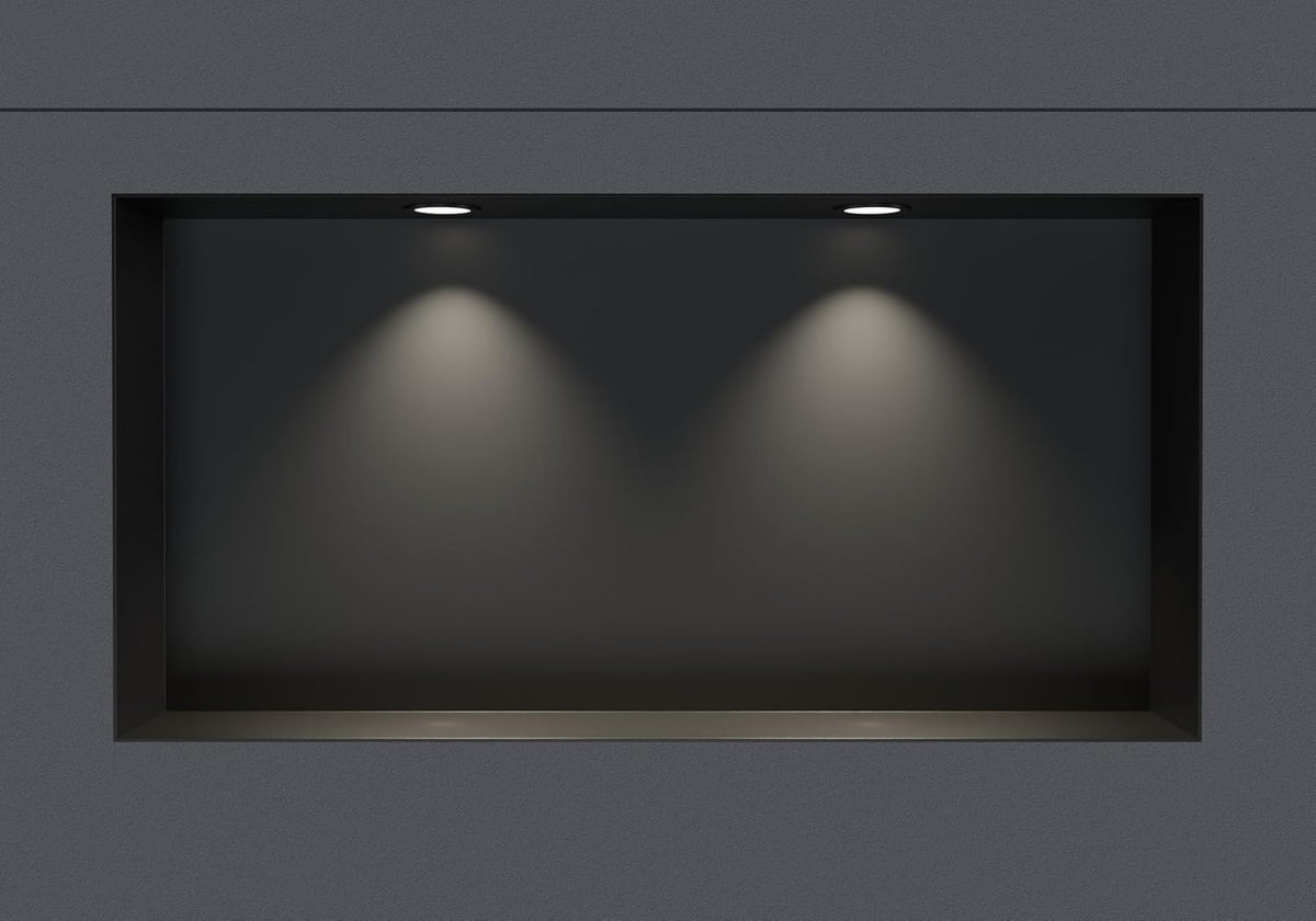 BERNSTEIN - Niche Murale Douche sans Rebord Noire 30x60x10cm Acier Inoxydable étagère encastrée Salle de Bain + 2 Spots LED Noir Mat, Anti-Rouille