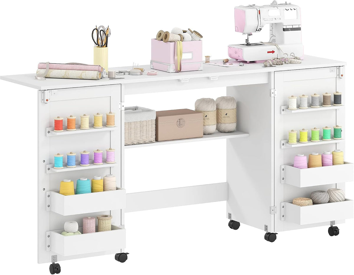 HOMCOM Table de Couture Pliante, Meuble Couture à roulettes avec 2 Portes magnétiques, 4 bacs, 20 Crochets et étagère de Rangement