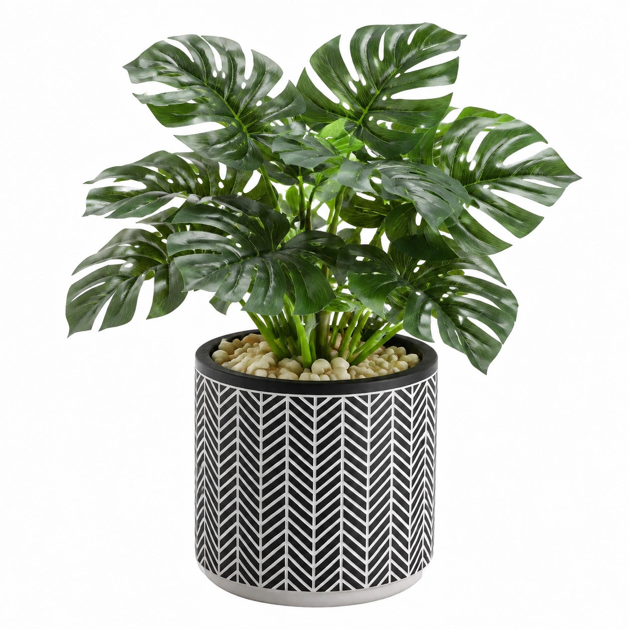 Plante artificielle monstera 85 cm en plastique vert avec pot décoratif noir et blanc