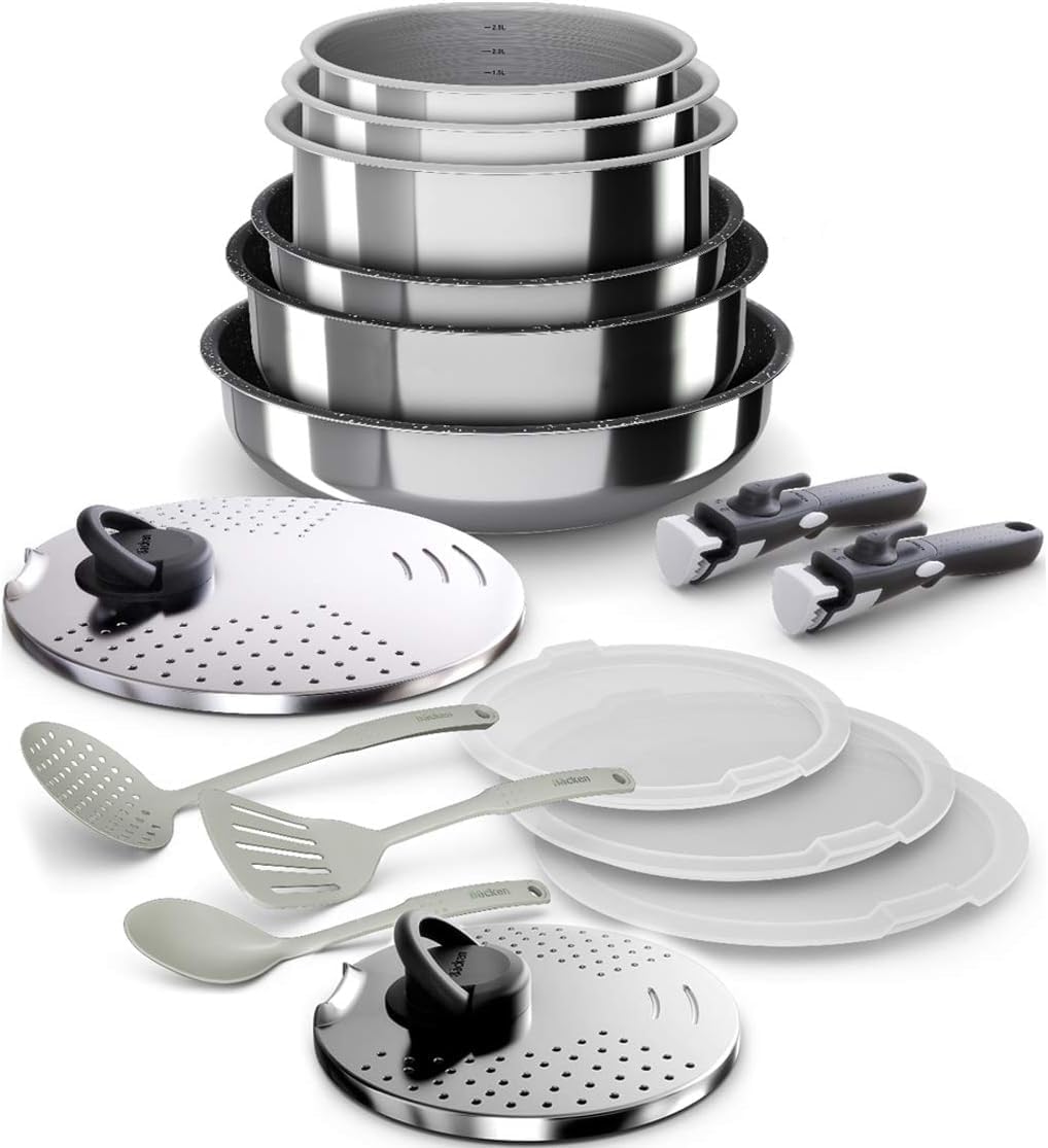 Backen 399916 - Batterie de cuisine 16 pieces, Poêles, Casseroles, Sauteuse, 2 poignées amovibles, Induction, Revêtement antiadhésif, Empilable