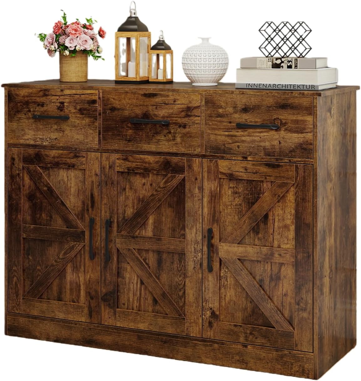 KOMFOTTEU Buffet de Cuisine, 2 Armoires à Portes & 3 Tiroirs, Meuble Rangement, Étagère réglable, Armoire de Stockage, Kit Anti-basculement