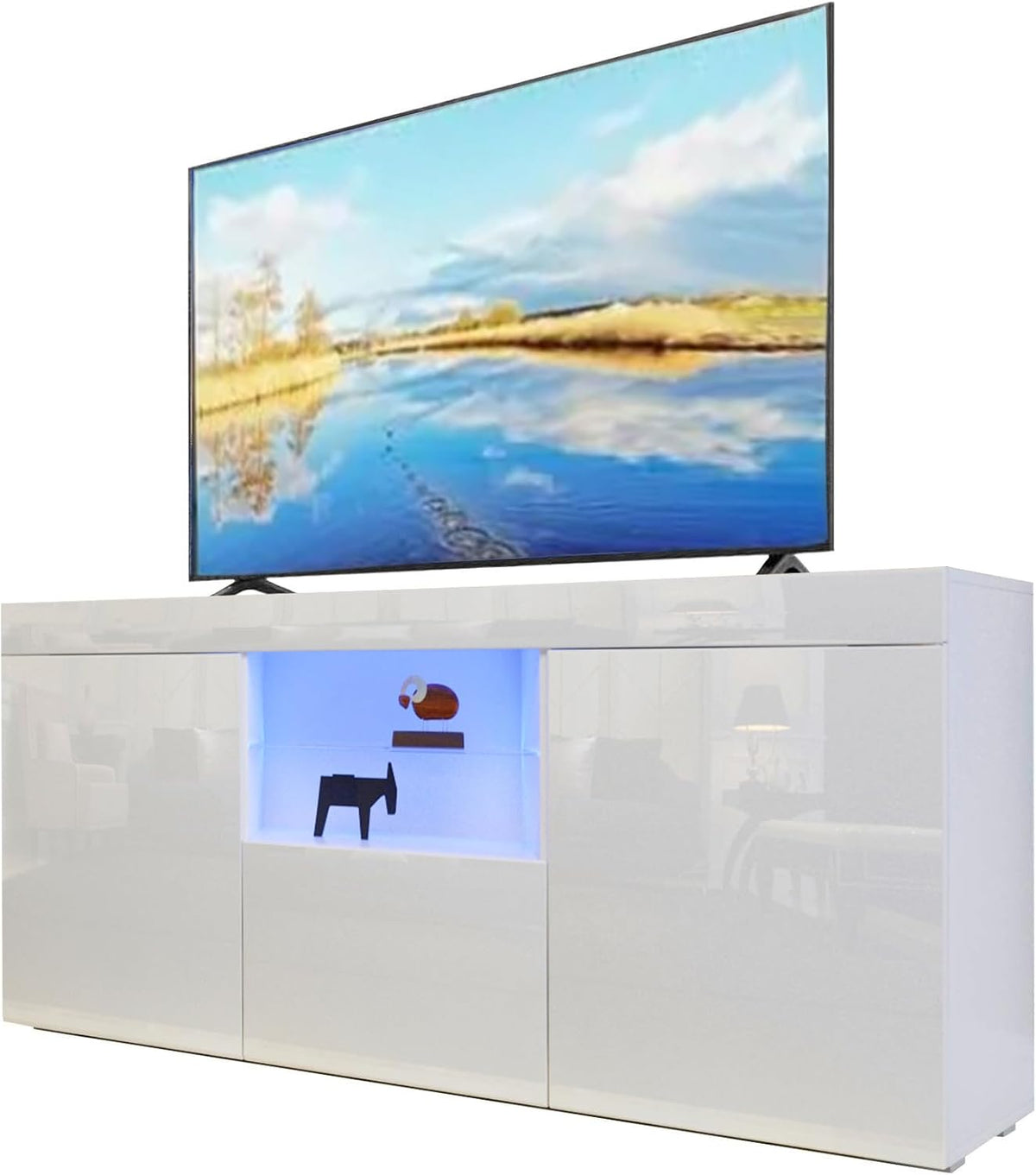 Dripex Meuble TV LED Blanc Brillant Moderne - 135x33.5x70cm Casier, Armoires de Rengement à Haute Brillance