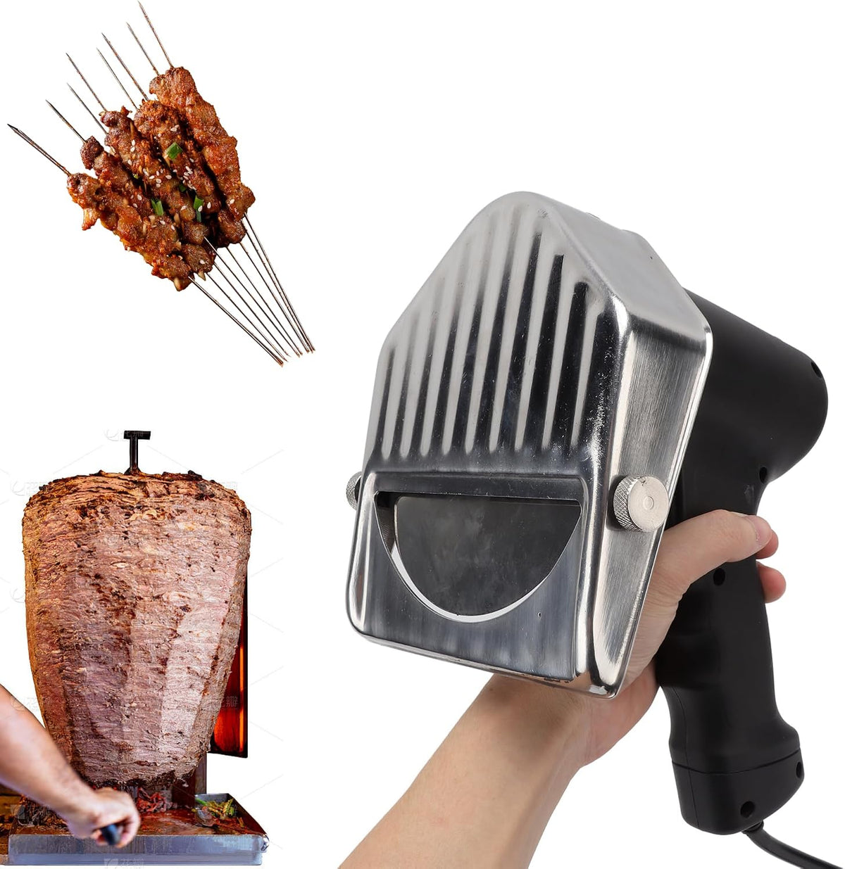 Topyond Couteau à kebab électrique, 80W, Épaisseur Réglable, Acier Inoxydable, Trancheuse à Viande Turc Shawarma Döner Kebab
