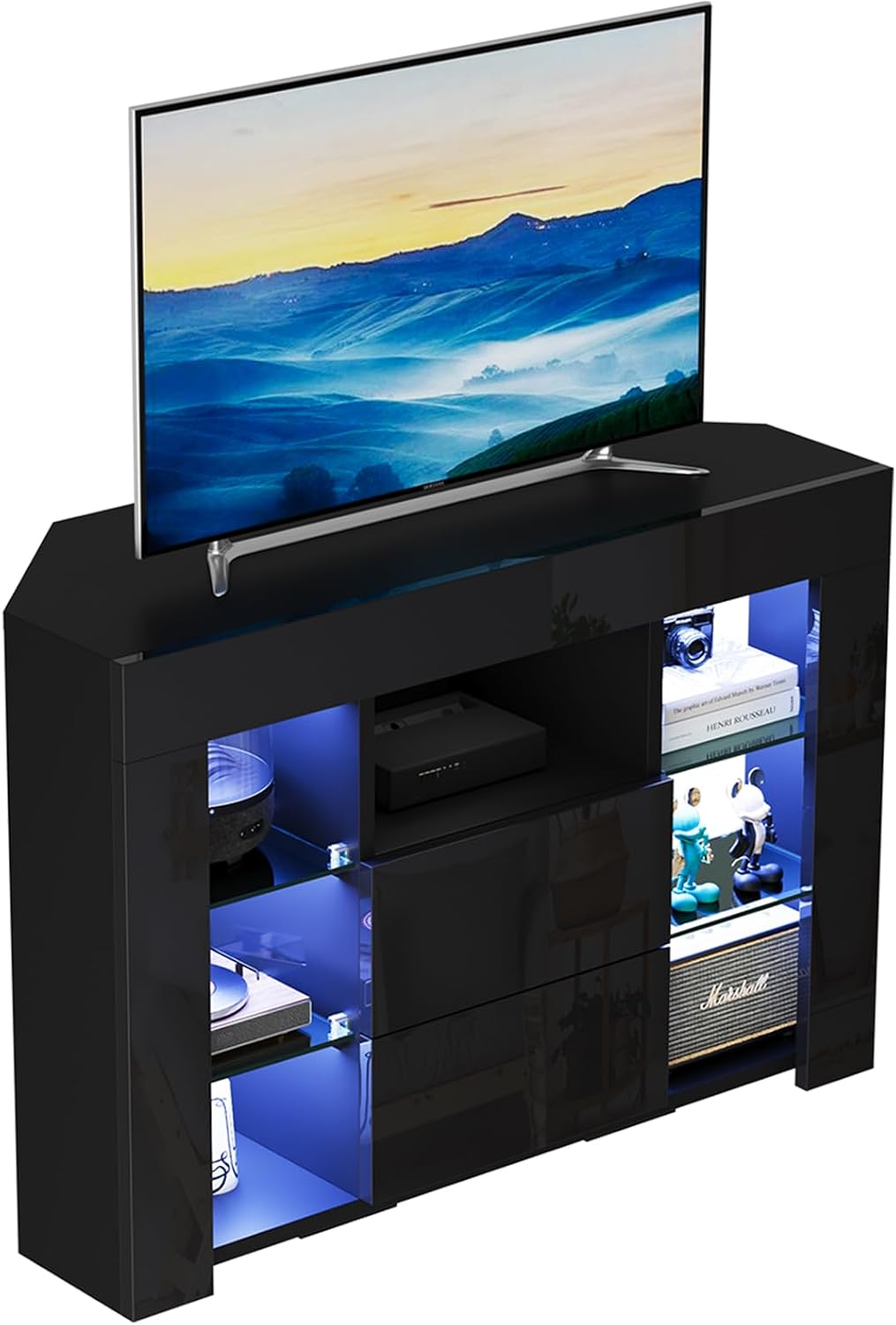 Dripex Meuble TV d'angle avec Lumières LED Brillant Convient pour Salon ou Chambre 100x68x40 cm, Noir