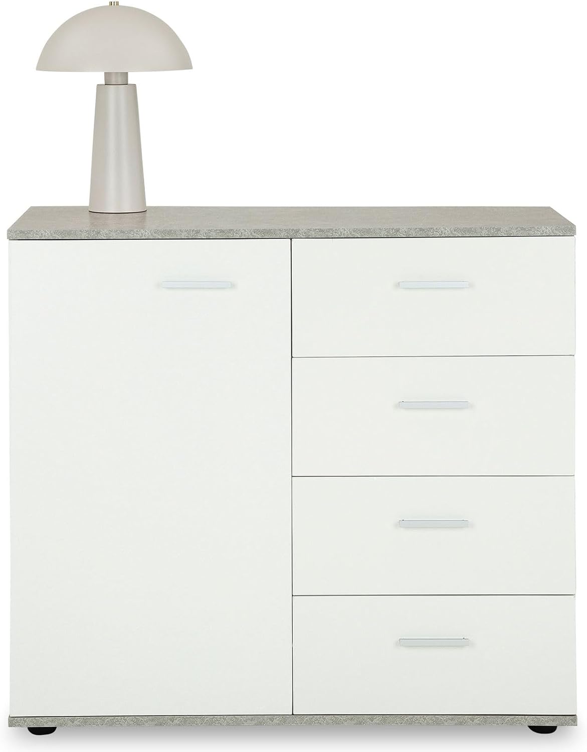 IDIMEX Buffet Salle à Manger Chicago L 91 cm en Bois Coloris béton et Blanc avec 4 tiroirs et 1 Porte, Meuble Rangement pour Cuisine ou Salle à Manger