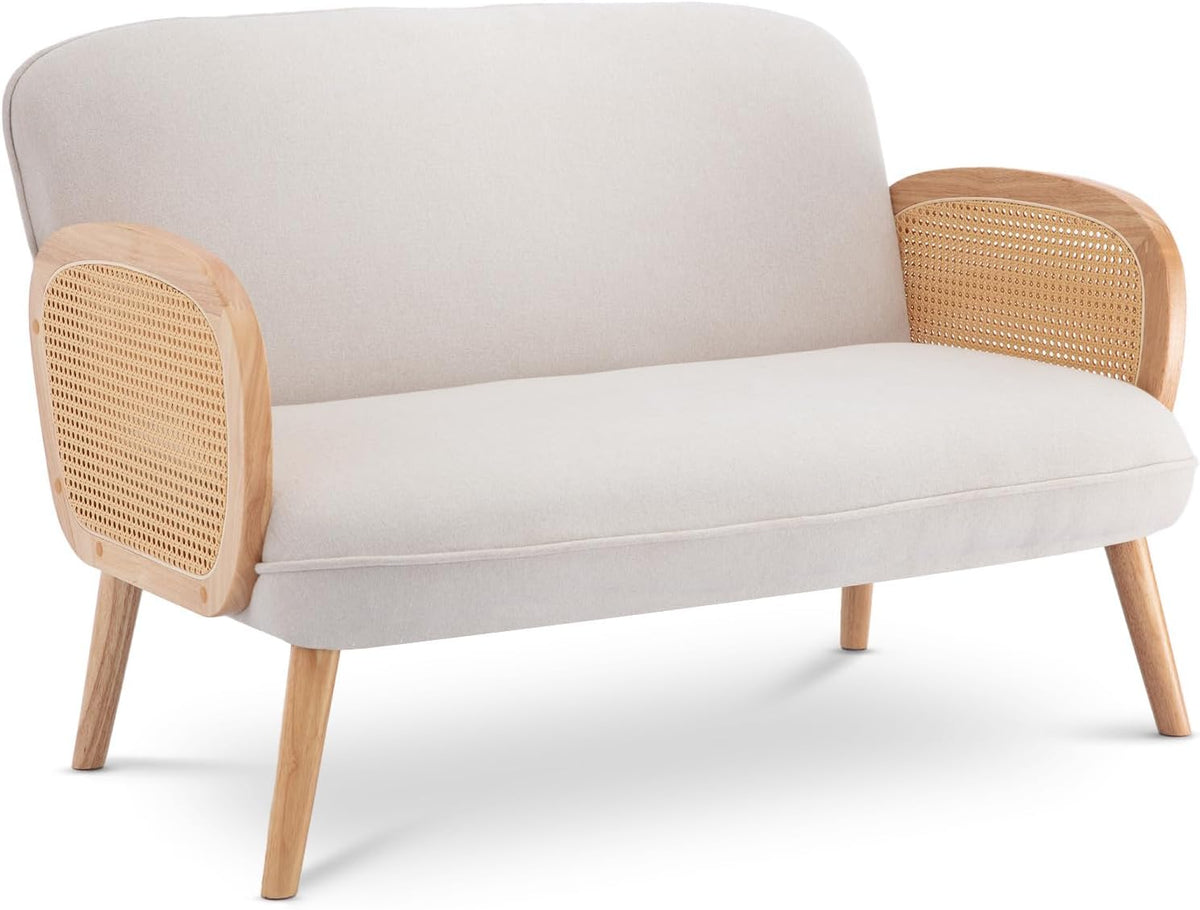 Canapé 2 Places Bohème ROSI Lin Beige, Sofa Fixe avec Accoudoirs Cannage et Pieds Bois Hévéa