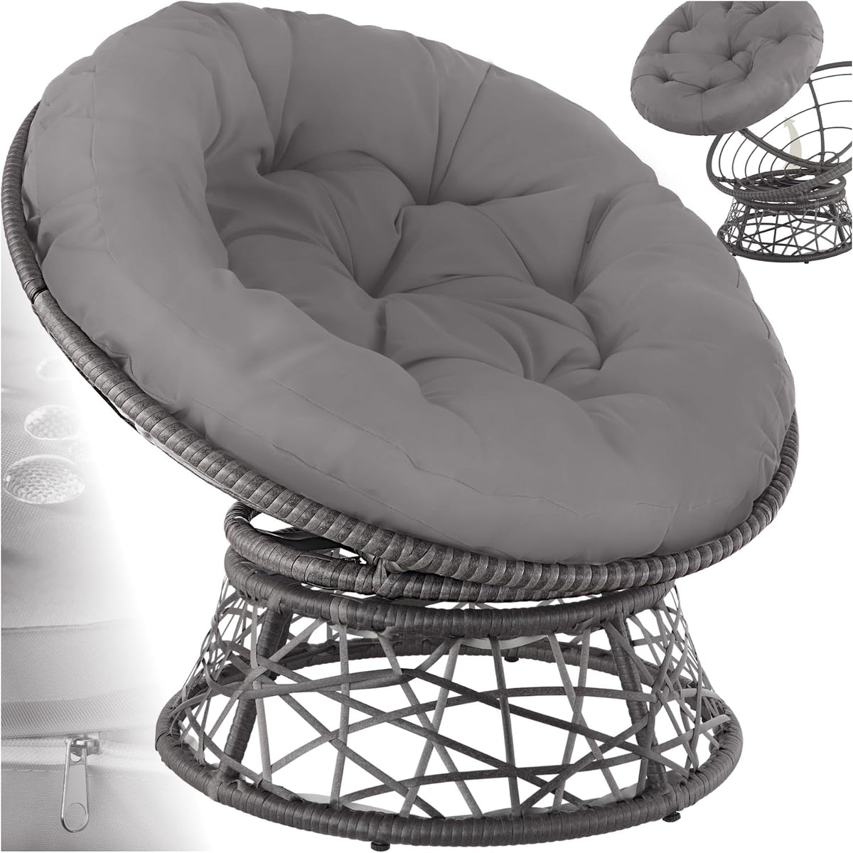 TecTake Fauteuil Papasan en Rotin Chaise Relax Ronde Résine Tressée 1 Place Pivotant à 360°, Coussin Épais Grand Confort Inclus