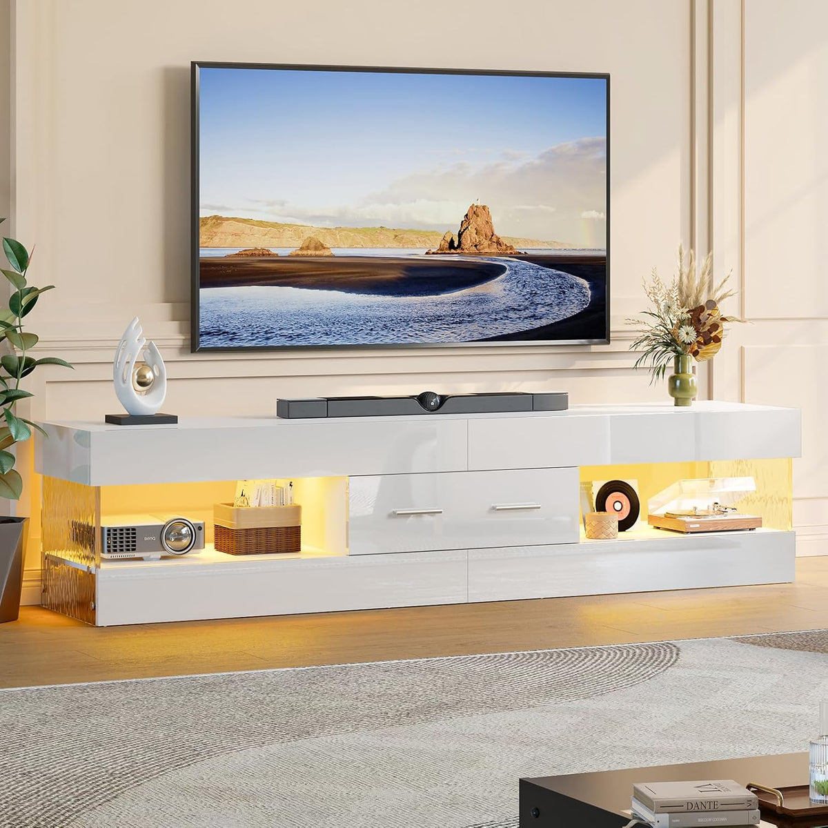 Bestier Meuble TV pour téléviseurs jusqu'à 75 Pouces, Finition laquée Brillante, Panneaux latéraux Effet Pierre, éclairage LED et Grand tiroir