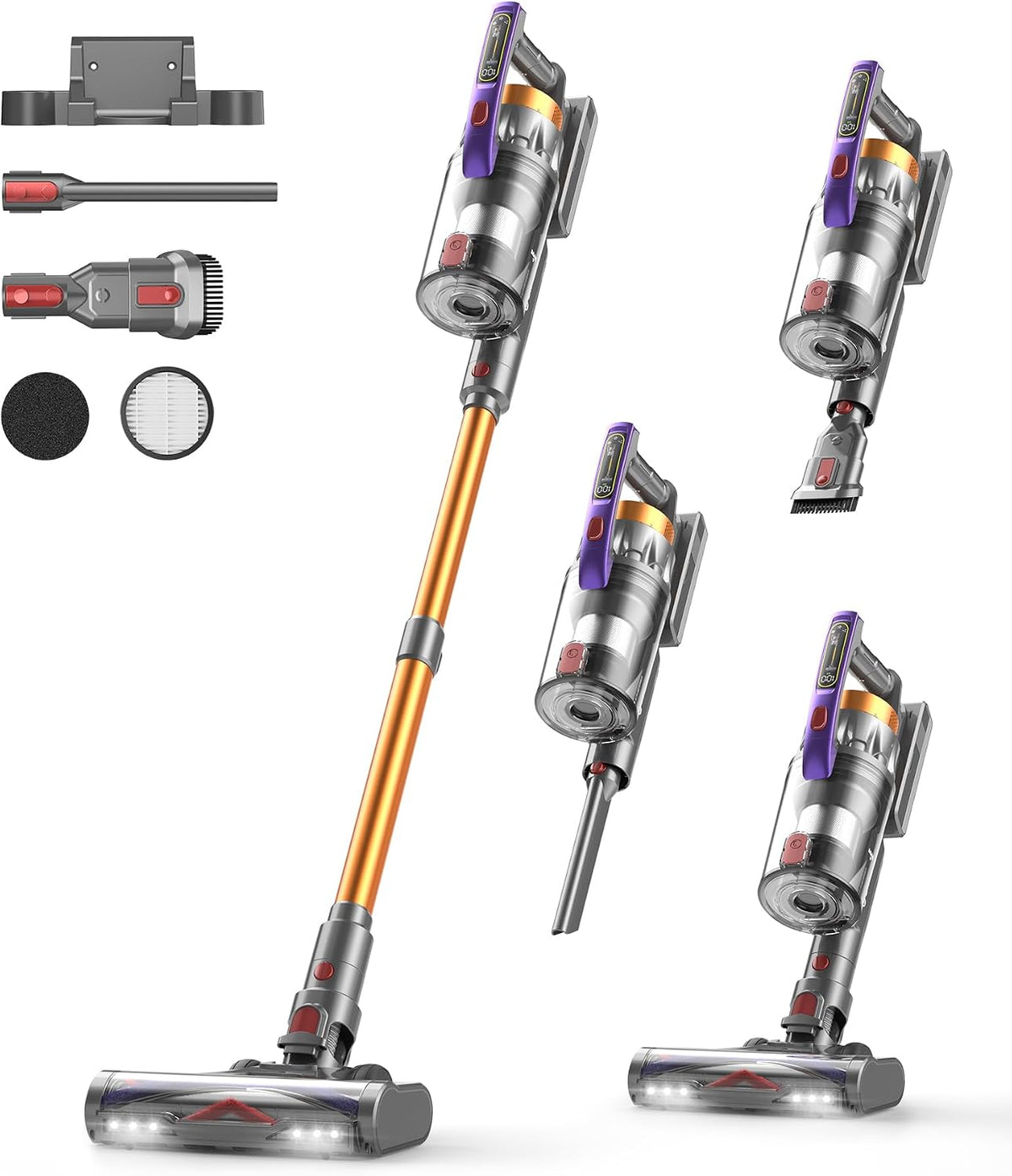 CHEBIO Aspirateur sans fil 50 000 Pa/600 W, 75 min, sans sac, 1,8 l, avec écran LED et brosse anti-nœuds, pour poils d'animaux, sols durs, tapis