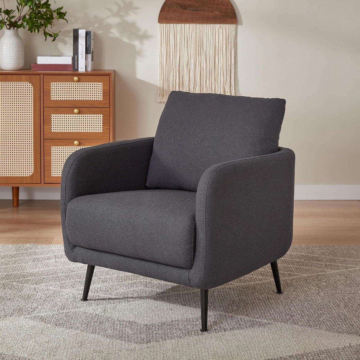 Fauteuil Design Emma Tissu Bouclette Gris Souris, Fauteuil Moderne et Confortable, Assise Ergonomique Élégante pour Salon, Chambre ou Bureau
